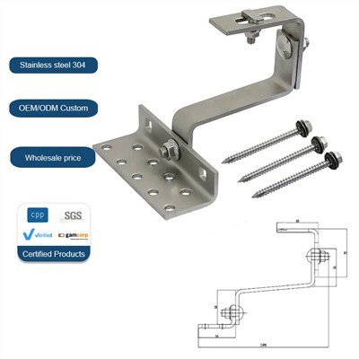 Suporte de montagem de painel solar de aço inoxidável telha gancho de telhado solar